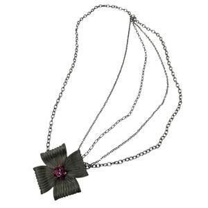 Funky 28” Floral Metal Mesh Necklace Pink Rhinestones